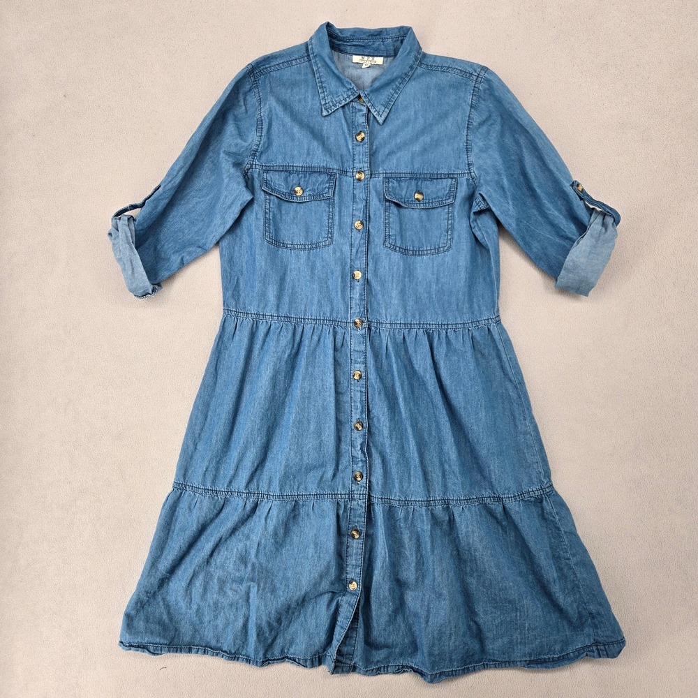 MPH Collection Women Medium Denim Shirt Dress Boho Tiered Skater Mini